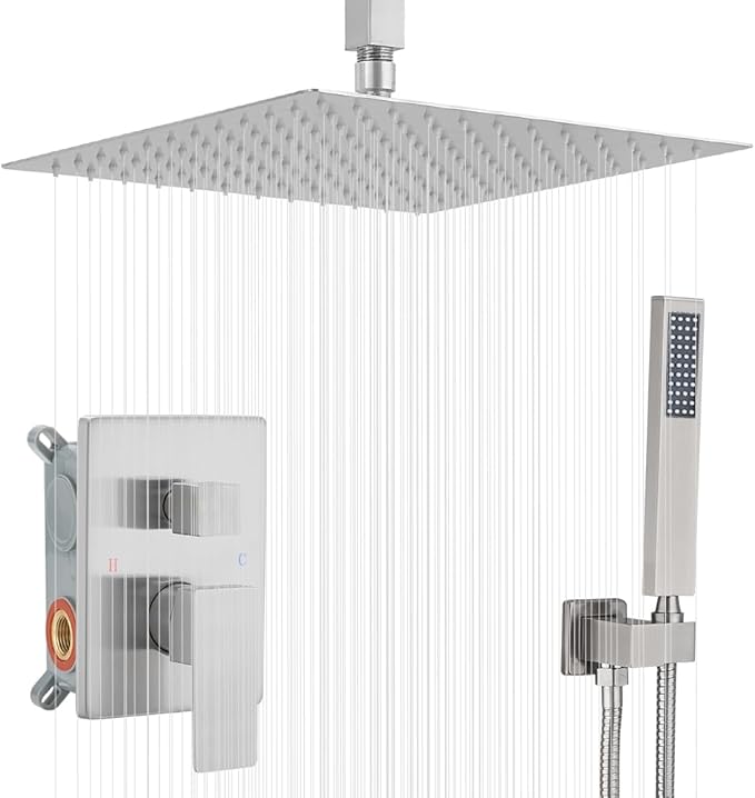 16 Inch Ceiling Mount Brushed Nickel Shower System Bathroom Luxury Rain Mixer Shower Combo Set Ceiling Rainfall Shower Head System (Contain Shower Faucet Rough-in Valve Body and Trim)