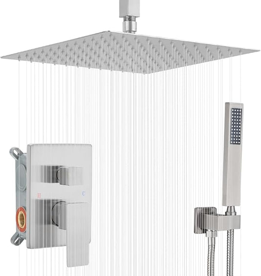 16 Inch Ceiling Mount Brushed Nickel Shower System Bathroom Luxury Rain Mixer Shower Combo Set Ceiling Rainfall Shower Head System (Contain Shower Faucet Rough-in Valve Body and Trim)