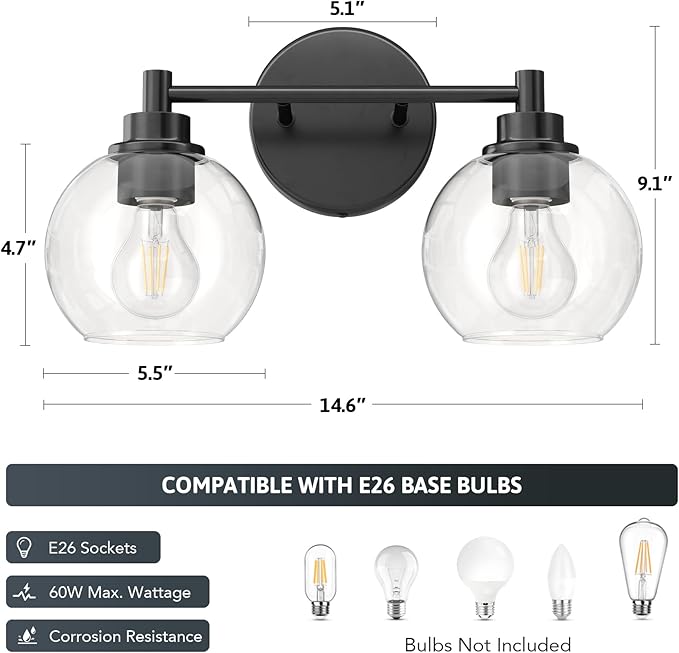 VONLUCE Bathroom Light Fixtures, 2-Light Bathroom Vanity Light with Globe Glass Shades E26 Sockets, Vanity Lights for Bedroom Hallway Living Room, Black Finish