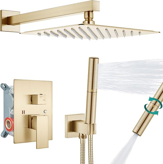 Aolemi Shower System with Rainfall Shower Head and Handheld Wall Mount,High Pressure Shower Faucet Set Fixture Combo with 2 in 1 Handheld Spray Rough-in Valve,10 Inch Shower Head Brushed Gold