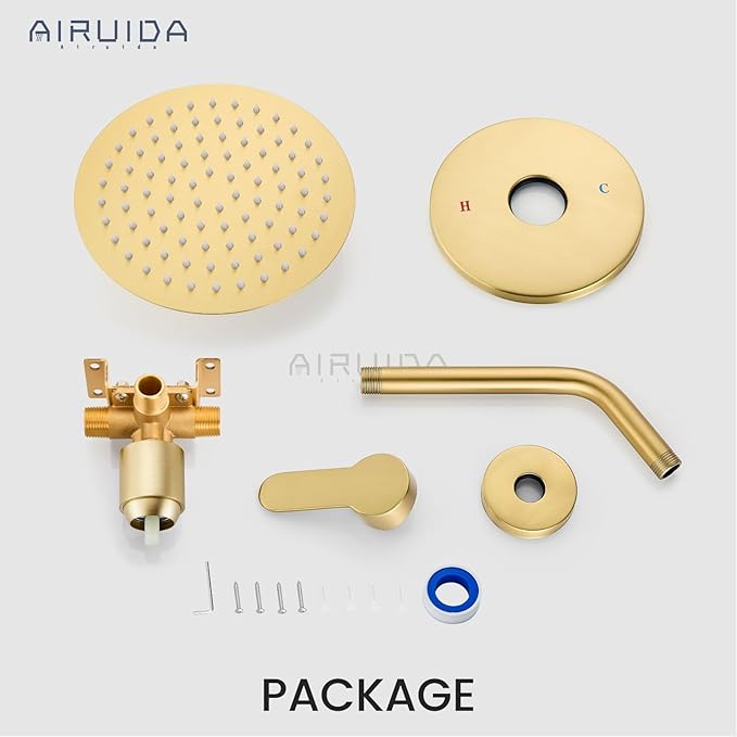 Airuida Shower Faucet Set,8 Inch Round Rainfall Shower Head,SUS304 Stainless Steel Single Handle Shower Trim Kit,Wall Mount Bathroom System with Male Threads Valve Brushed Gold