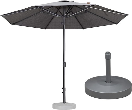 PURPLE LEAF 10 FT Semi-Auto Outdoor Patio Umbrella with Base Market Table Sun Umbrellas with Led Lights and 8 Aluminum Sturdy Ribs for Backyard Deck Garden Pool(Gray Pole Gray Canopy)