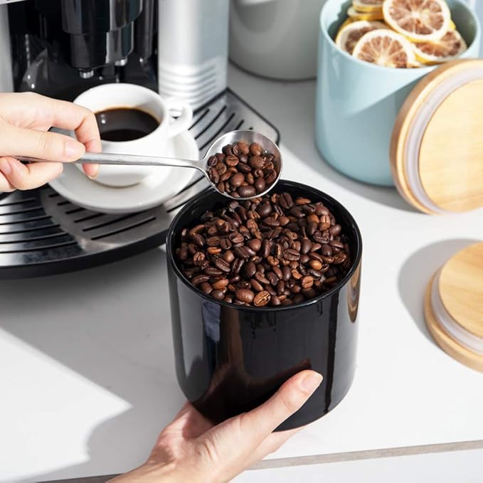 Sweejar Kitchen Canisters Ceramic Food Storage Jar Set, Stackable Containers with Airtight Seal Wooden Lid for Serving Ground Coffee, Tea, Herbs, Grains, Sugar, Salt - Set of 4 (Black)