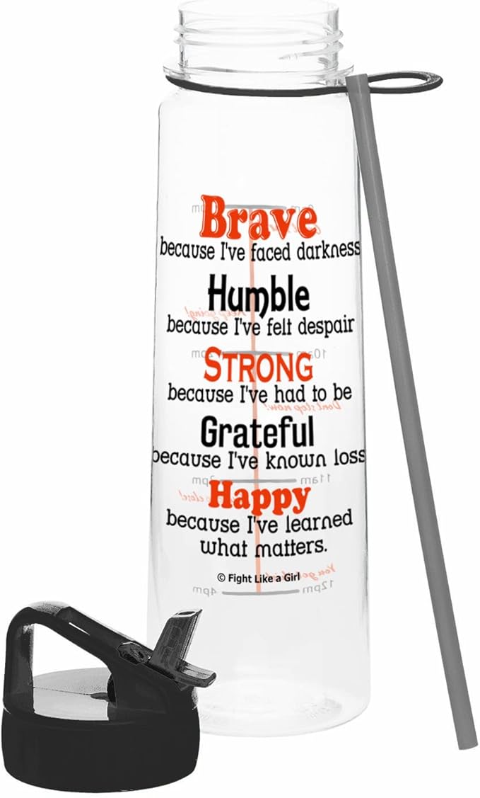 Fight Like a Girl Brave SlimKim 30 oz Motivational Water Bottle with Time Marker & Straw for Melanoma, Skin Cancer Awareness - Reusable Clear Water Bottle for Workout, Gym, Travel - Black