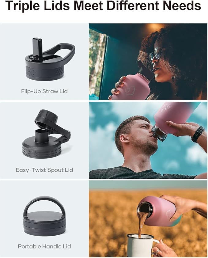 BUZIO Water Bottle with Straw lid, Spout Lid, Hand Lid and Carrying Pouch, 32oz 40oz 64oz Stainless Steel Water Flask Jug, Cold for 48 Hrs Hot for 24 Hrs Double Vacuum Thermo Canteen Mug, BPA-Free