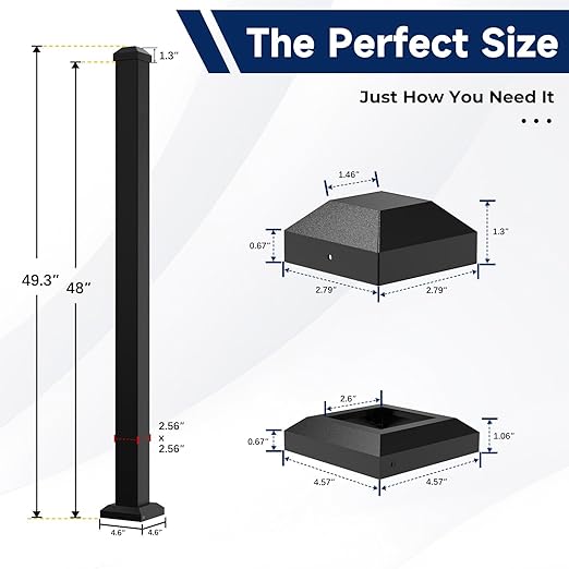2.56 in. x 2.56 in. x 48.5 in. Porch and Deck Railing Post with Screws, Aluminum Railing Post, Black Textured Powder-Coat Finish Stair Post for Decks, Porches & Balconies (1x48.5in Post)