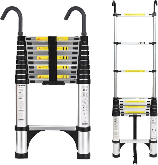 Telescoping Ladder, Aluminum Lightweight Extension Ladder with 2 Stable Hooks, 2 Triangle Stabilizers & Non-Slip Feet, Heavy Duty 330 Lbs Max Capacity (16.5 FT)