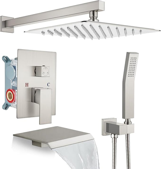 gotonovo Rain Shower Faucet System Set Rainfall Shower Head with Handheld Sprayer Waterfall Tub Spout Wall Mounted Mixer Combo Rough-in Valve and Trim Included 12 Inch Showerhead Brushed Nickel