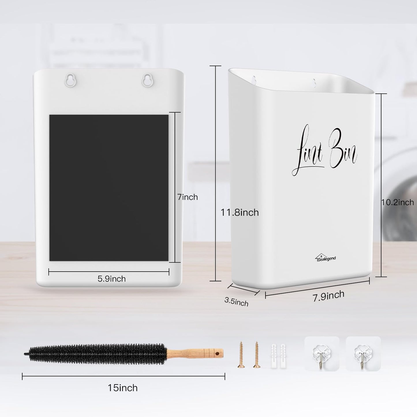 Sealegend Magnetic Lint Bin for Laundry Room with Dryer Lint Brush, Wall Mounted Trash Can Space-Saving Laundry Organization and Storage, White