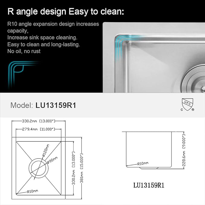 Lordear Bar Sink 13 x 15 inch Undermount Stainless Steel Single Bowl Bar Prep Sinks 16 Gauge RV Wet Bar Kitchen Sinks