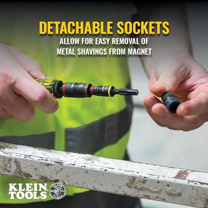 Klein Tools 32907 Impact Driver, 7-in-1 SAE Impact Socket Set, Flip Socket Set with 1/4, 5/16, 11/32, 3/8, 7/16 and 1/2-Inch Nut Driver Sizes and 1/4-Inch Bit Holder, 5-Inch Shaft