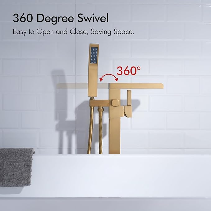BAGNOLUX Solid Brass Floor Mount Bathtub Faucet Free Standing Tub Faucet Freestanding Tub Filler Brushed Brass High Flow Rate Swivel Spout with Hand Shower, YGSLT-Waterfall Brushed Gold