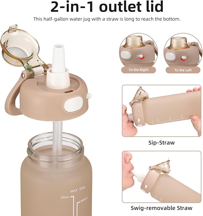 SIEROZUR 32 oz Glass Water Bottle with Straw and Handle Large Sports Motivational Water Bottle with Locking Lid and Time Marker Leakproof Water Jug for Daily Hydration Intake BPA Free