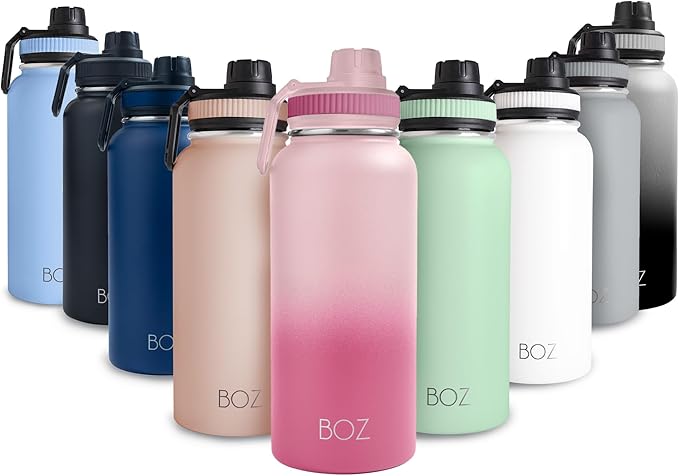 BOZ Stainless Steel Water Bottle - Vaccum Insulated Water Bottle 32 Oz - Wide Mouth BPA Free Sport Water Bottle for Gym with Spout Lid - Thermal Hot & Cold 1 Litre Gradient Pink Waterbottle
