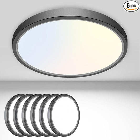 6PACK Flush Mount LED Ceiling Light Fixture Black, 6.5Inch 12Watt, Dimmable & 3000K-4000K-6500K 3 Color Selectable Ceiling Lamp 1200LM Low Profile Ceiling Light for Kitchen Bedroom Hallway Porch