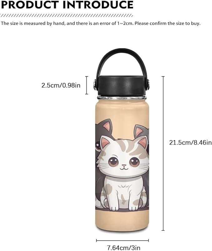 Cat Insulated Water Bottle with Handle Stainless Steel Water Bottle 20 Oz Travel Cup Reusable for Travel Camping Hiking Bike Sports Gym & Office
