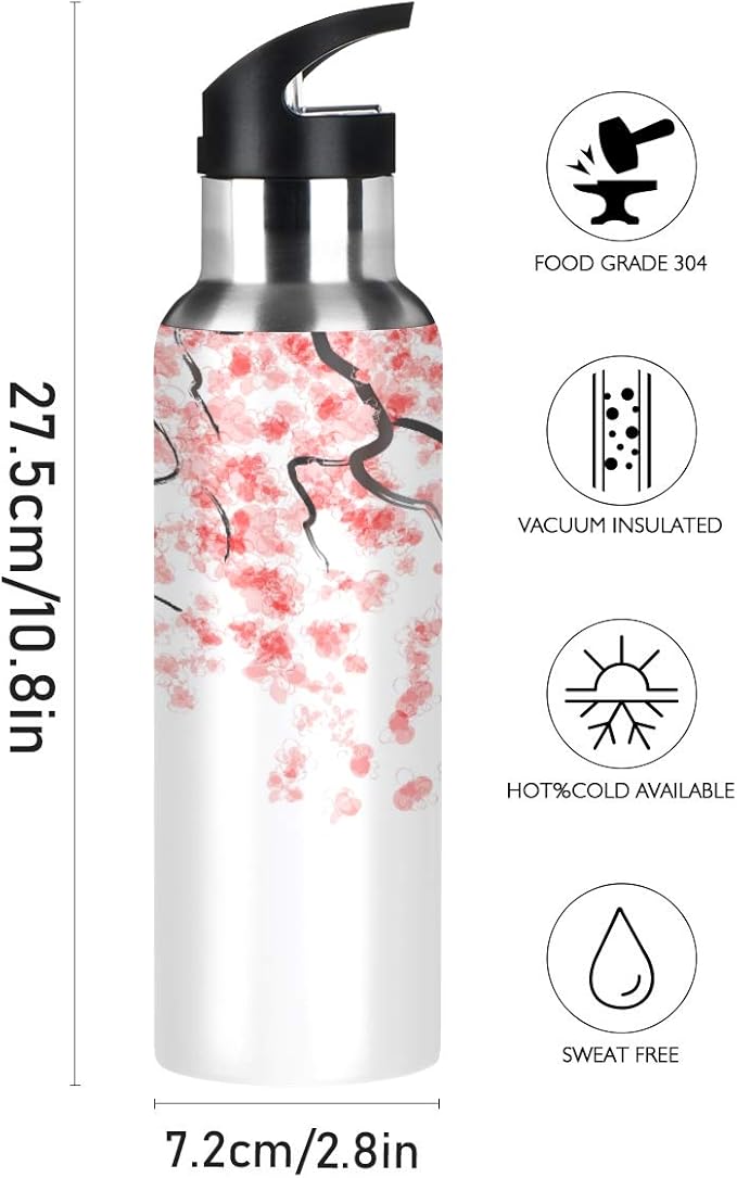Blueangle 22oz Japanese Cherry Blossom Water Bottle, BPA Free Stainless Steel Water Bottle Leak-Proof Sports Bottle for Camping Workouts Gym and Outdoor Activity