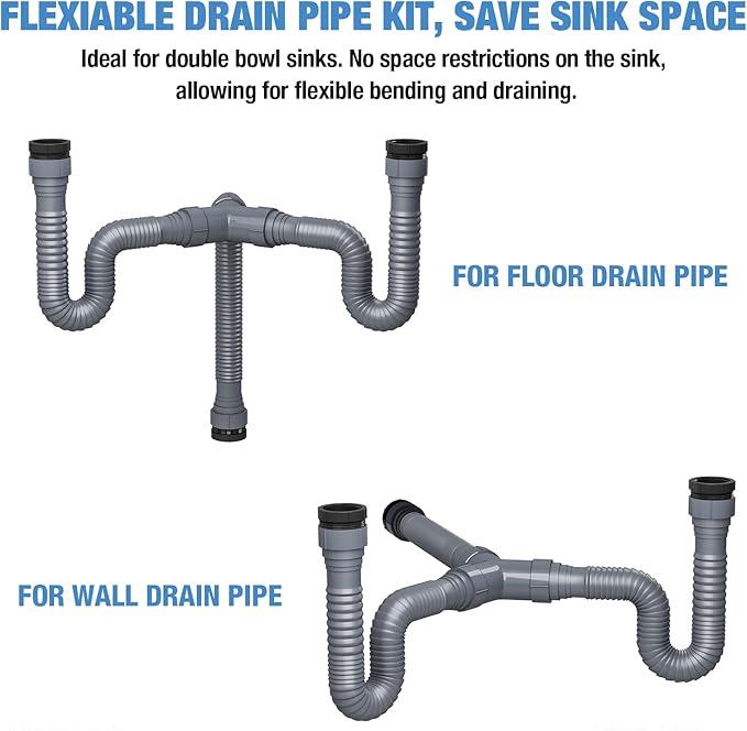 NiHome Expandable Flexible 1 1/2" or 1 1/4" P-Trap Pipe for Double Kitchen Sink, with Adapter Sealing Ring Tape Drain Tubing Pipe Kit for Kitchen Sink Drain & Garbage Disposal (Grey)