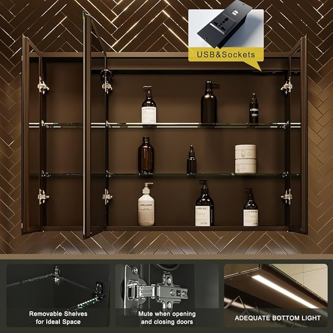 LED Lighted Bathroom Medicine Mirror Cabinet with Sockets & USBs, Anti-Fog Dimmable Light and Color Adjustment, Antirust and Easy to Install Aluminum Cabinet (Touch Screen, 28" L x 40" W)