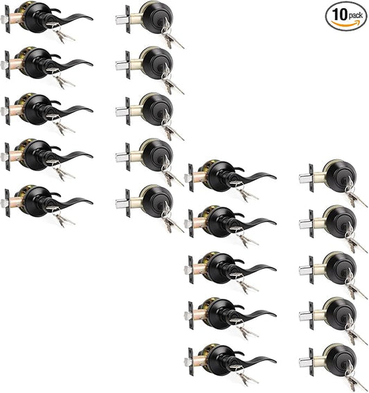 KNOBWELL 10 Pack Front Door Entry Lever Lockset with Single Cylinder Deadbolt Exterior Door Lock Set with Deadbolt, Matte Black (Keyed Alike)