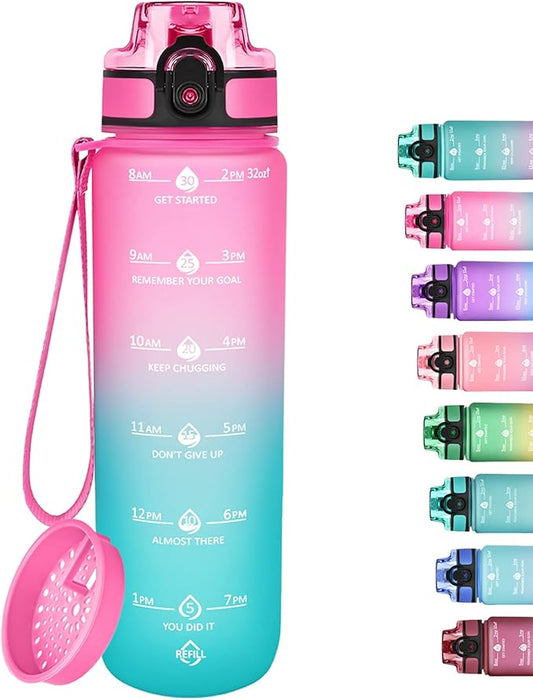 GOSWAG 32oz Motivational Water Bottles with Time Marker and Fruit Strainer, Sports Water Bottle with Times to Drink, Leakproof, Reusable Plastic Bottle with Strap no Straw for Gym, School