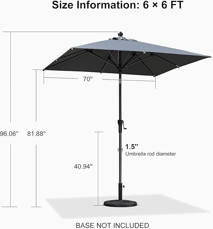 PURPLE LEAF 6' x 6' Square Patio Umbrella Outdoor Table Umbrella Aluminum Frame Market Umbrella Sun Umbrella with 8 Sturdy Ribs & Tilt for Garden Deck Lawn & Pool Gray