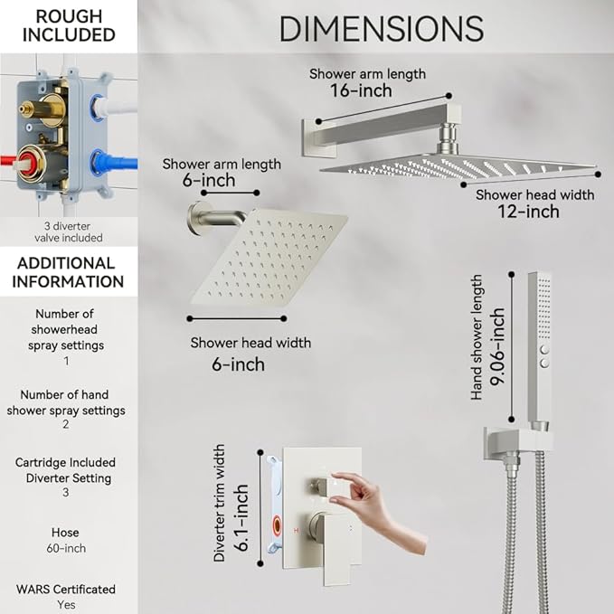 Thermostatic Shower System Brushed Nickel, STARBATH Shower Faucets Sets 12+ 6" Wall Mount Rain Shower and 2 in 1 Handhled, Can Use All at Once, Push Button 3 Modes Valve Complete Shower Set