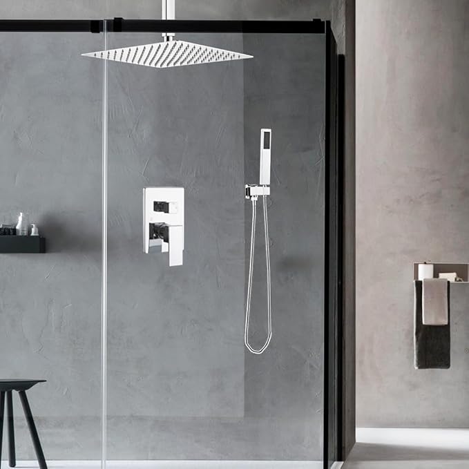 12 Inch Ceiling Mount ‎Polished Chrome Shower System Bathroom Luxury Rain Mixer Shower Combo Set Ceiling Rainfall Shower Head System (Contain Shower Faucet Rough-in Valve Body and Trim)
