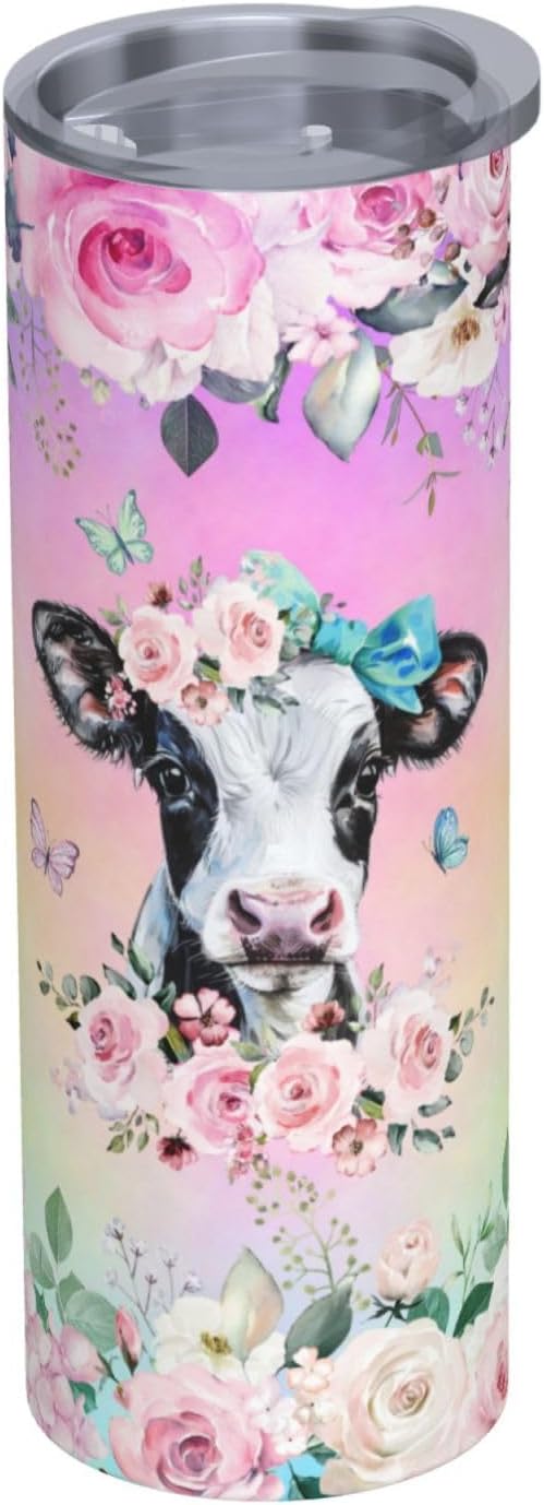 Skinny Tumbler Gift For Men Women, Cow Print Gifts For Women Funny Cow Print Tumbler Cup With Straw Lid 20 Oz,Pink Rose Cow Reusable Stainless Steel Insulated Vacuum Slim Travel Coffee Mug