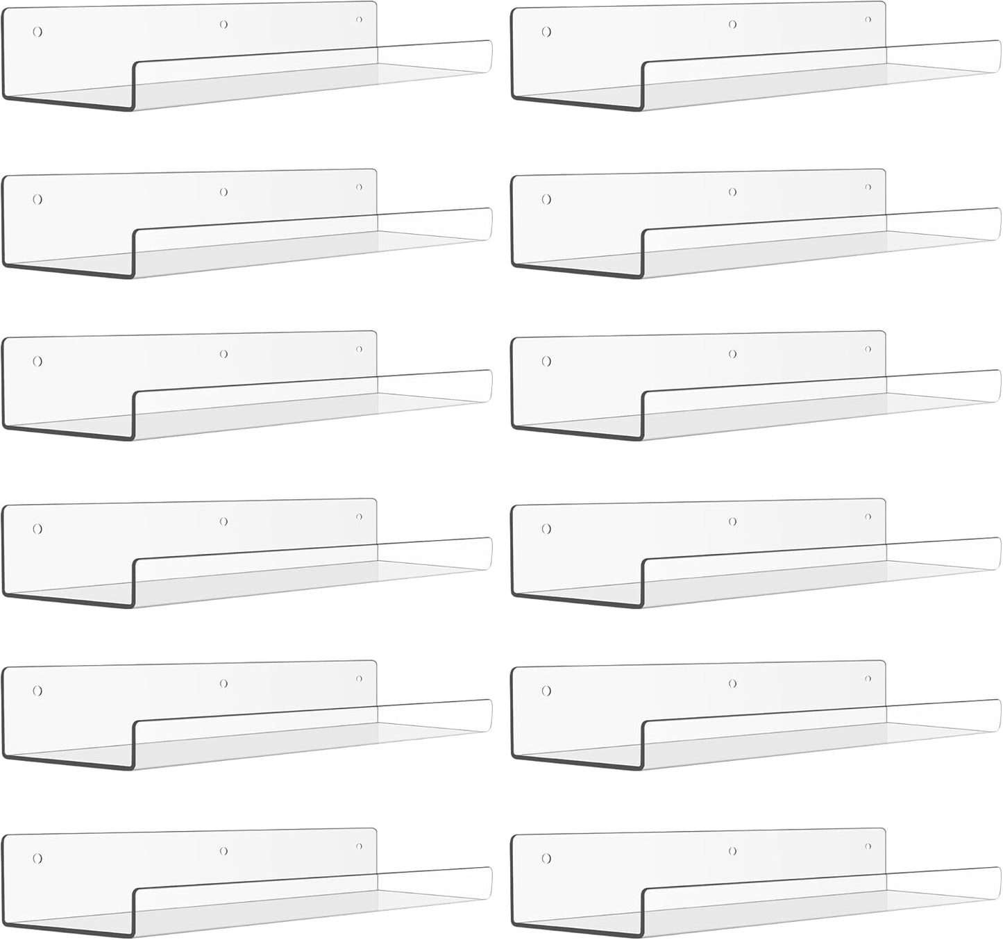 upsimples 12 Pack Acrylic Shelves Wall Organizer and Storage, 15" Display Shelf for Figure, Toy Cars, Perfume, Kids Bookshelf for Bedroom, Nursery, Craft Room, Clear