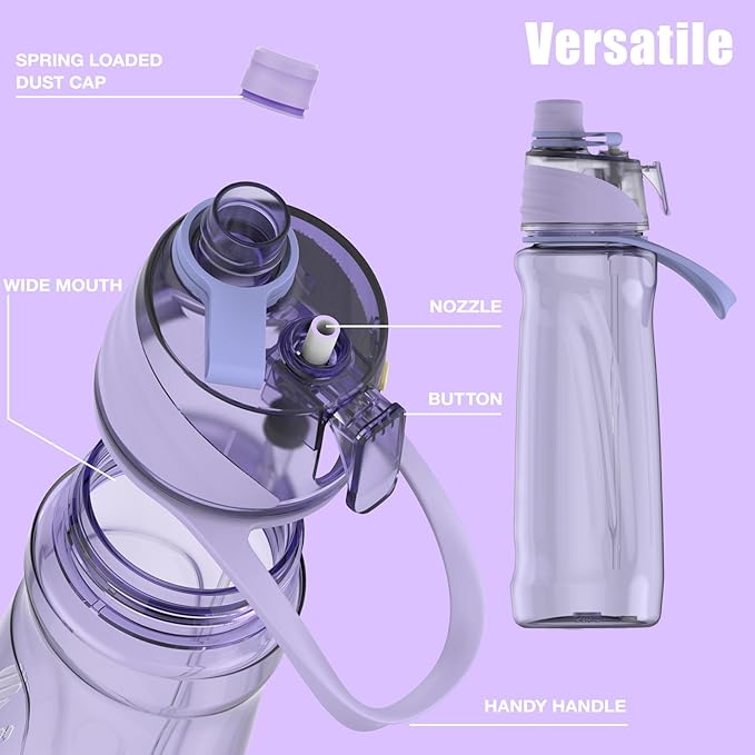 FEIJIAN Mist Water Bottle,32oz Sports Water Bottle with 2-IN-1 Mist & Sip Function, BPA-Free Plastic Water Bottles, Misting Water Bottle, Leakproof & Lightweight, Ideal for Fitness and Outdoor, Purple