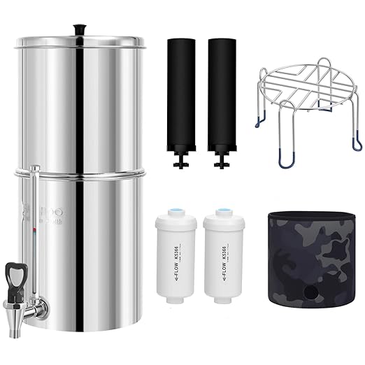 Gravity-Fed Water Filter System, NSF/ANSI 42&372 Standard, 2.25G Stainless-Steel Countertop System with 2 Black Elements, 2 Fluoride, Metal Water Level Spigot, Reduces Fluoride and Chlorine