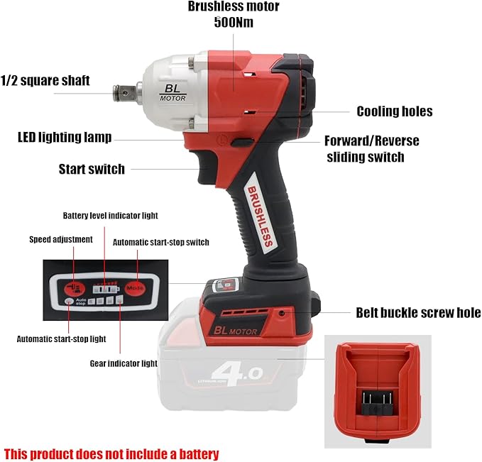 FSYAO 1/2 500Nm Cordless Impact Wrench, Brushless Wrench. (Body only, no battery included)