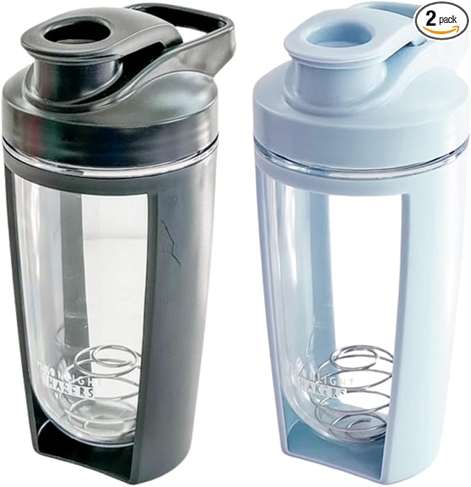 Moonlight Makers Set of 2 Cute 16oz Protein Shaker Bottles with Steel Whisk Ball, Leakproof Gym Bottle, Shaker Cups for Protein Shakes, Dishwasher Safe, Fitness Gifts, Preworkout Drink Mixer