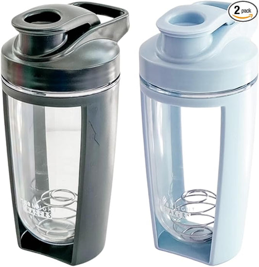 Moonlight Makers Set of 2 Cute 16oz Protein Shaker Bottles with Steel Whisk Ball, Leakproof Gym Bottle, Shaker Cups for Protein Shakes, Dishwasher Safe, Fitness Gifts, Preworkout Drink Mixer