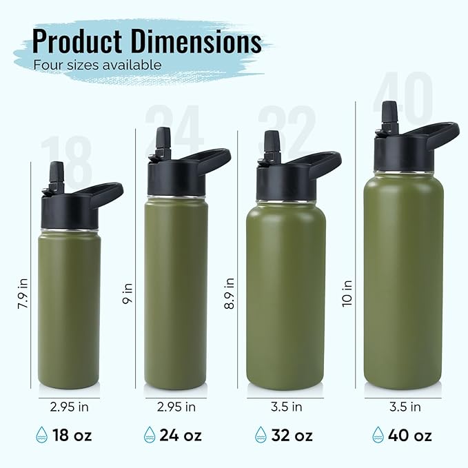 Stainless Steel Water bottle with Straw & Wide Mouth Lid, Wide Rotating Handle, 24oz Double Wall Vacuum Insulated Water Bottle Leak Proof, BPA Free, Keep Cold and Hot, 24oz, Army Green