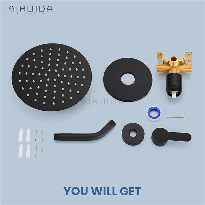 Airuida Shower Faucet Set,8 Inch Round Rainfall Shower Head,SUS304 Stainless Steel Single Handle Shower Trim Kit,Wall Mount Bathroom System with Male Threads Valve Matte Black