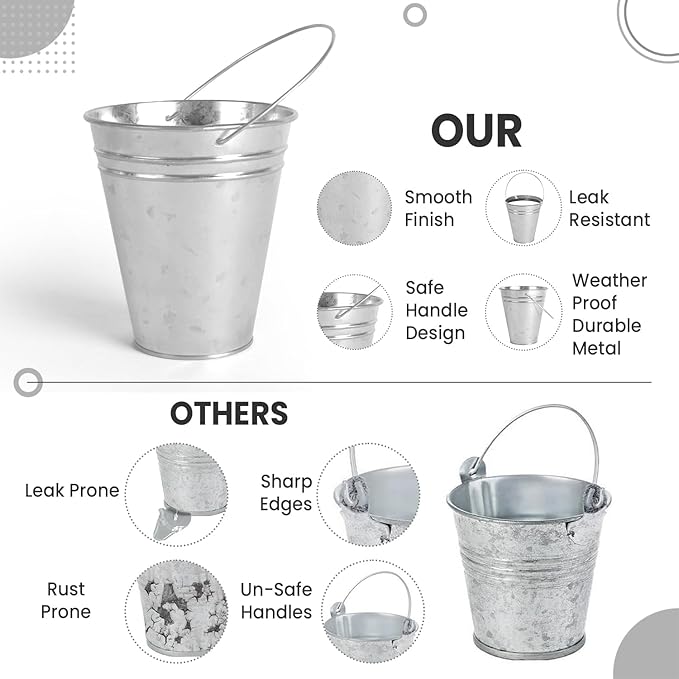Galvanized Metal Bucket with Handle 12 Pcs- Metal Buckets for Party, Tin Buckets with erasable Stickers and Chalk Marker Silver Bucket 4.7" W x 5" H x 2.7" L
