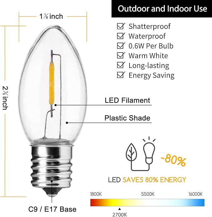 Brightown 25 Pack C9 LED Christmas Light Bulbs, Warm White Plastic C9 Shatterproof LED Bulbs Replacement for Christmas String Lights, E17 Intermediate Base,Commercial Dimmable Holiday Lights