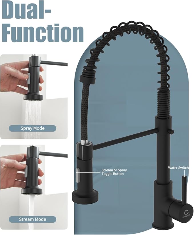 Kitchen Faucet, Black Kitchen Sink Faucets with Pull Down Sprayer, Single Handle Stainless Steel Faucets for Kitchen Sinks, Dual Function Spray Head, Farmhouse Kitchen Faucets