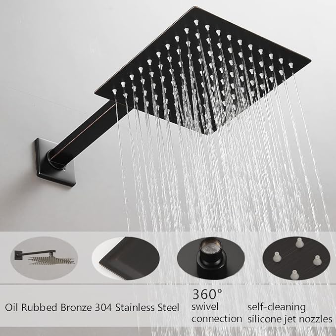 Oil Rubbed Bronze Shower Faucet Set, Single Function Shower Trim Kit with Rough-in Valve, Square Rain Shower Head System Included Extra Long Shower Arm for Bathroom