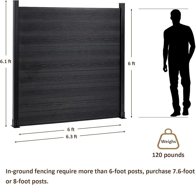 6x6 FT Wood Composite Privacy Fence Panel, Outdoor AC Unit Cover, Pool Equipment Screen, Trash Can Barrier | Weatherproof, Easy Installation, Durable Composite Fencing (Black with 2 Post)