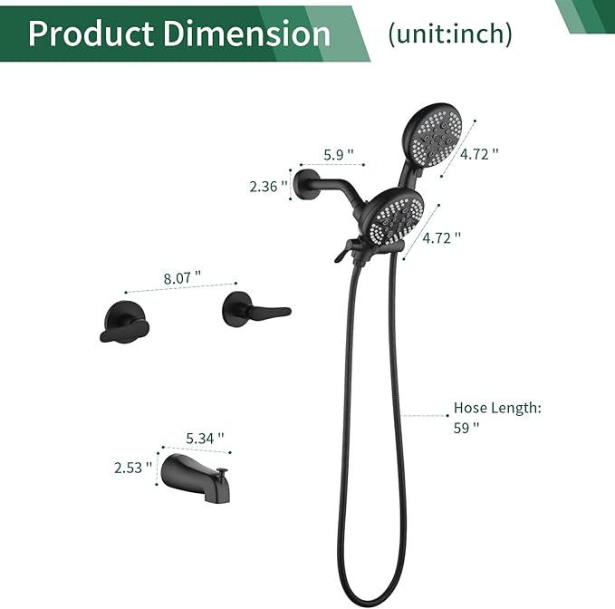 2 Handles Tub Shower Faucet Set Shower System with Tub Spout Bathtub Faucet Set Shower Tub Combo Set Complete Tub and Shower Trim Kit Matte Black