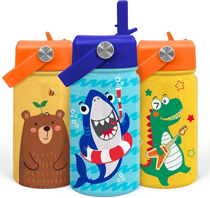 Shark Water Bottle - Kids Water Bottle with Straw Lid - 12 Oz Insulated Stainless Steel Water Bottles for Toddlers Kid Boys - Travel Cup for School Sports
