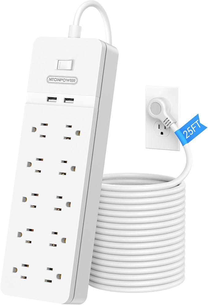 NTONPOWER 25 Ft Extension Cord, 2100J Surge Protector Power Strip with 10 Widely Spaced Outlets 2 USB Ports, Overload Protection, Wall Mountable for Indoor, Home, Office or Garage,White