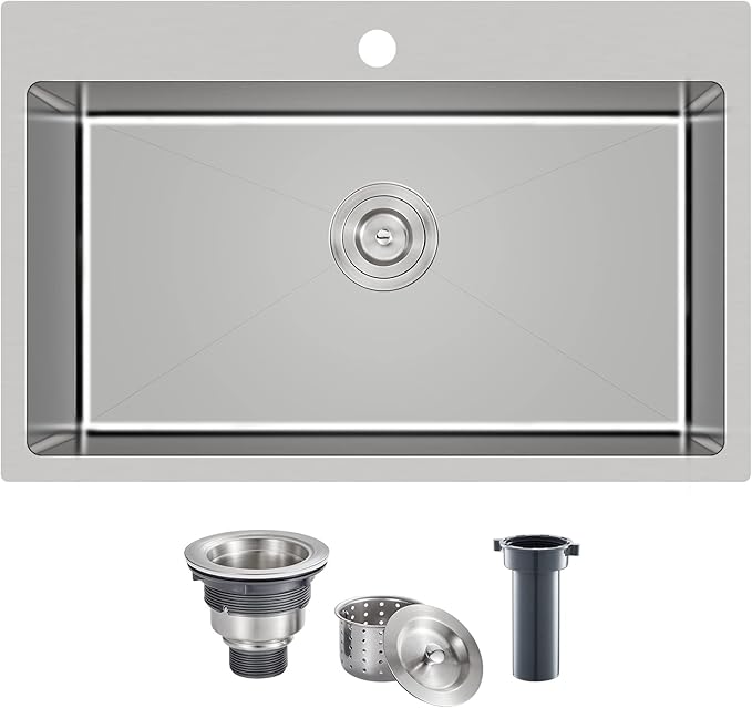 POPFLY 28×20 Inch Drop In SUS 304 Kitchen Sink, Top mount Stainless Steel 9 Inch Deep Single Bowl Kitchen Sinks, Brushed Nickel
