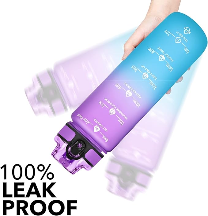 GOSWAG 32oz Motivational Water Bottles with Time Marker and Fruit Strainer, Sports Water Bottle with Times to Drink, Leakproof, Reusable Plastic Bottle with Strap no Straw for Gym, School