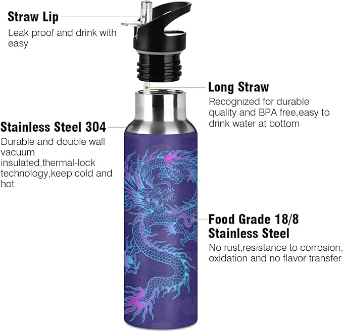 Blueangle 20oz Purple Chinese Dragon Water Bottle, BPA Free Stainless Steel Water Bottle Leak-Proof Sports Bottle for Camping Workouts Gym and Outdoor Activity