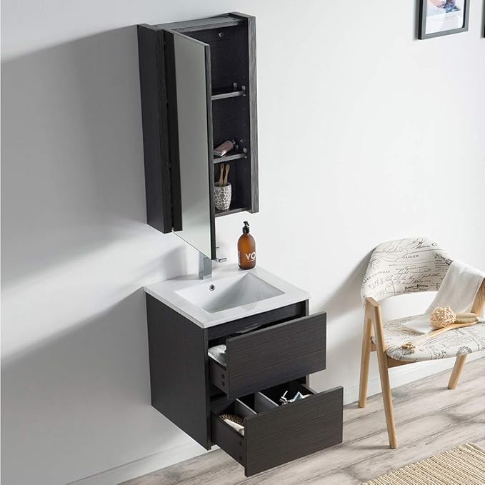 Blossom Single Bathroom Vanity with Ceramic Sink and Mirror Medicine Cabinet | All Wood Floating Vanity Cabinet | 2 Soft-Closing U-Shaped Cutout Drawers | 20 inch, Silver Grey