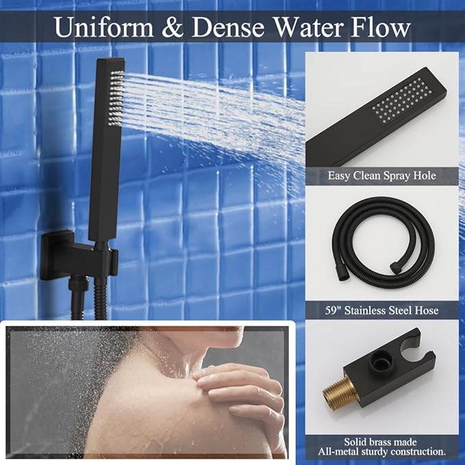 12 Inch Matte Black Ceiling Mount Shower System Bathroom Luxury Rain Mixer Shower Combo Set Ceiling Rainfall Shower Head System Faucet Contain Rough-in Valve and Trim Included